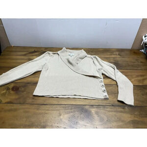 St John Sport Knit Sweater Womens Large V-Neck Beige Wool Blend Shawl Collar